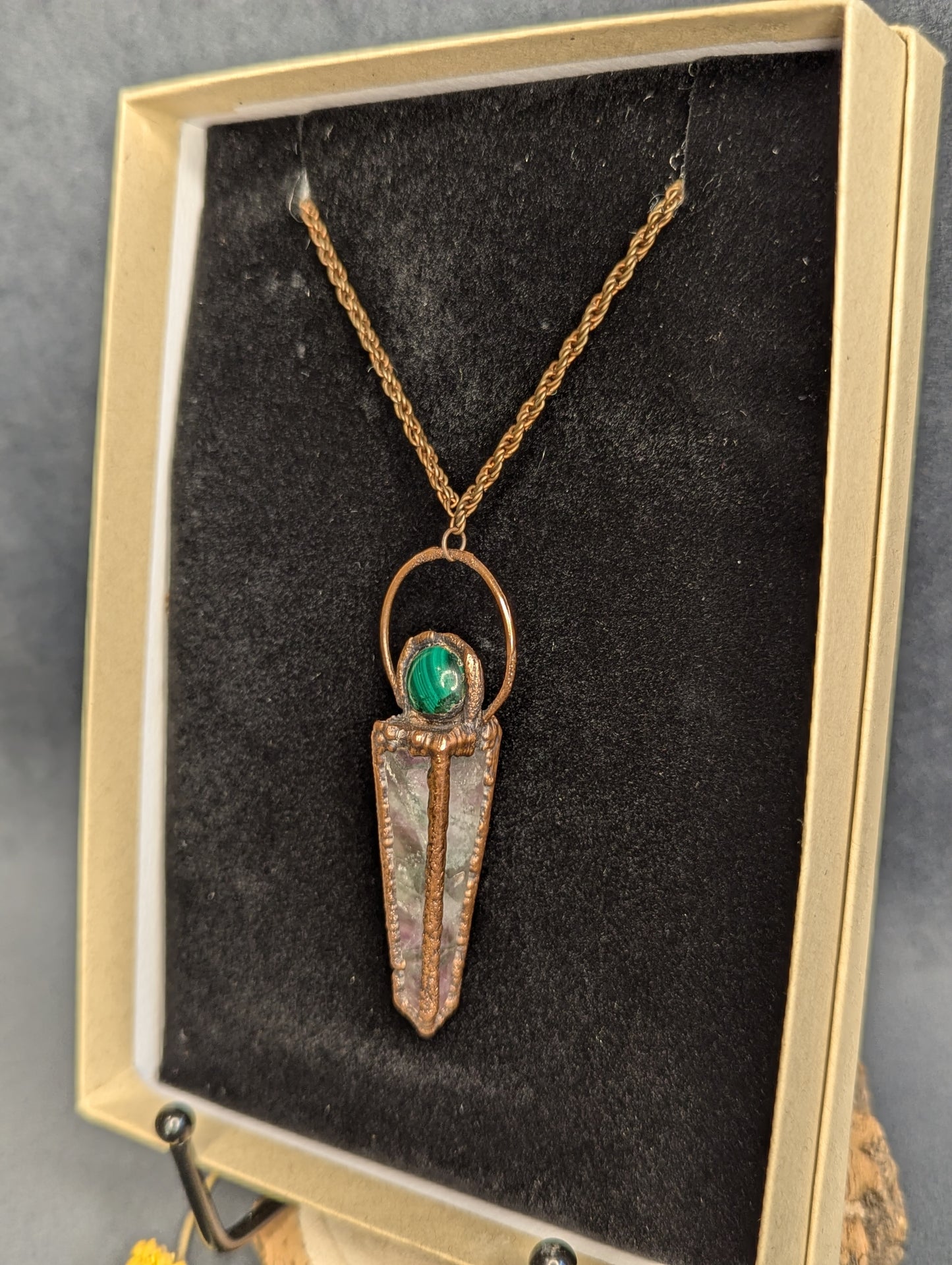 Freya “Noblewoman” - Flourite Tower an Malachite Pendant