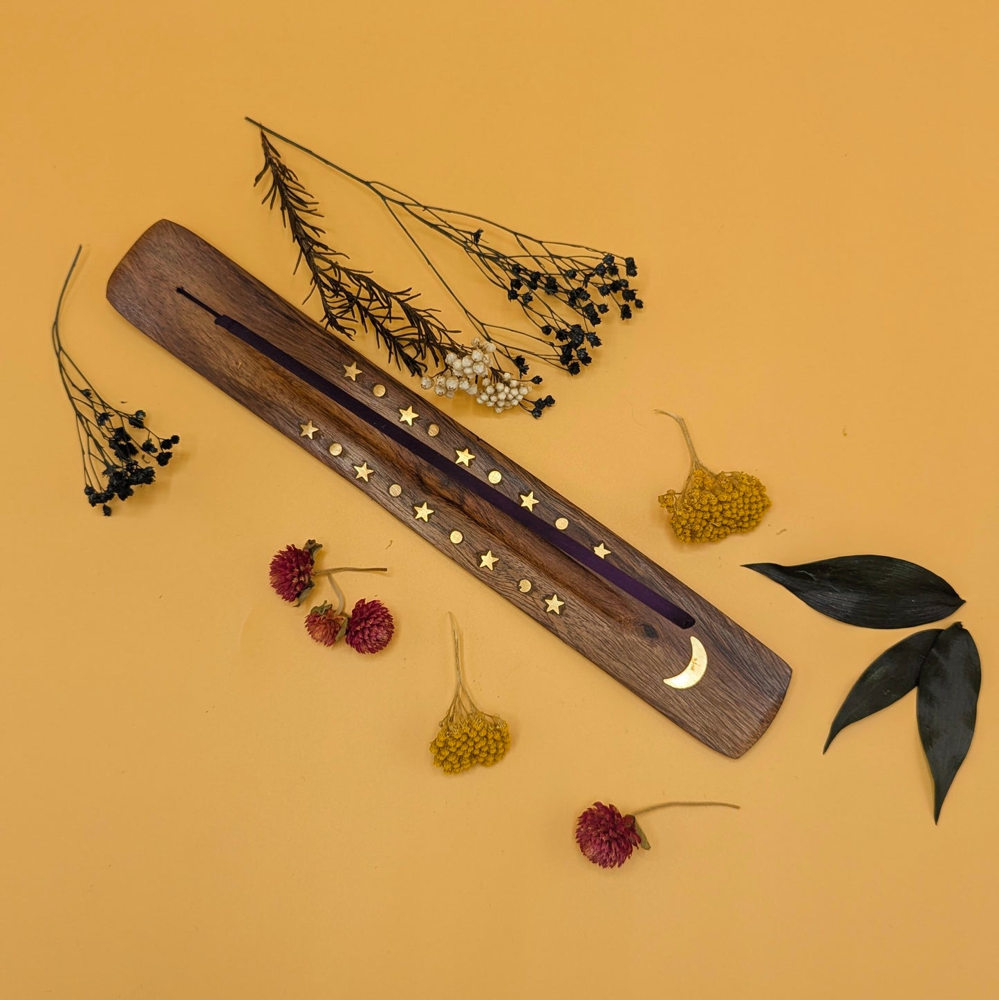 Wooden Incense Holder with Brass Inlays - Stars & Moon
