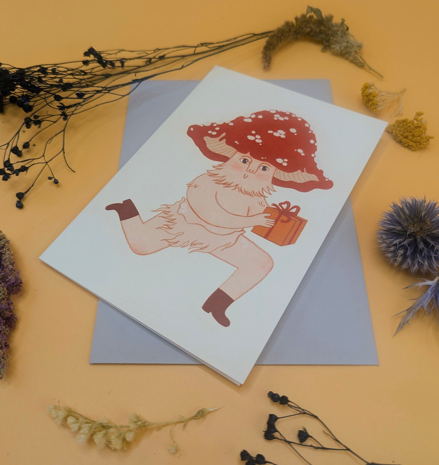 Mushroom Sends a Gift | Everyday greetings card | Mushroom, gift giving