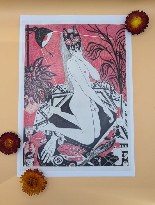 "Nude with Fox Mask" Print by Theo Cleary
