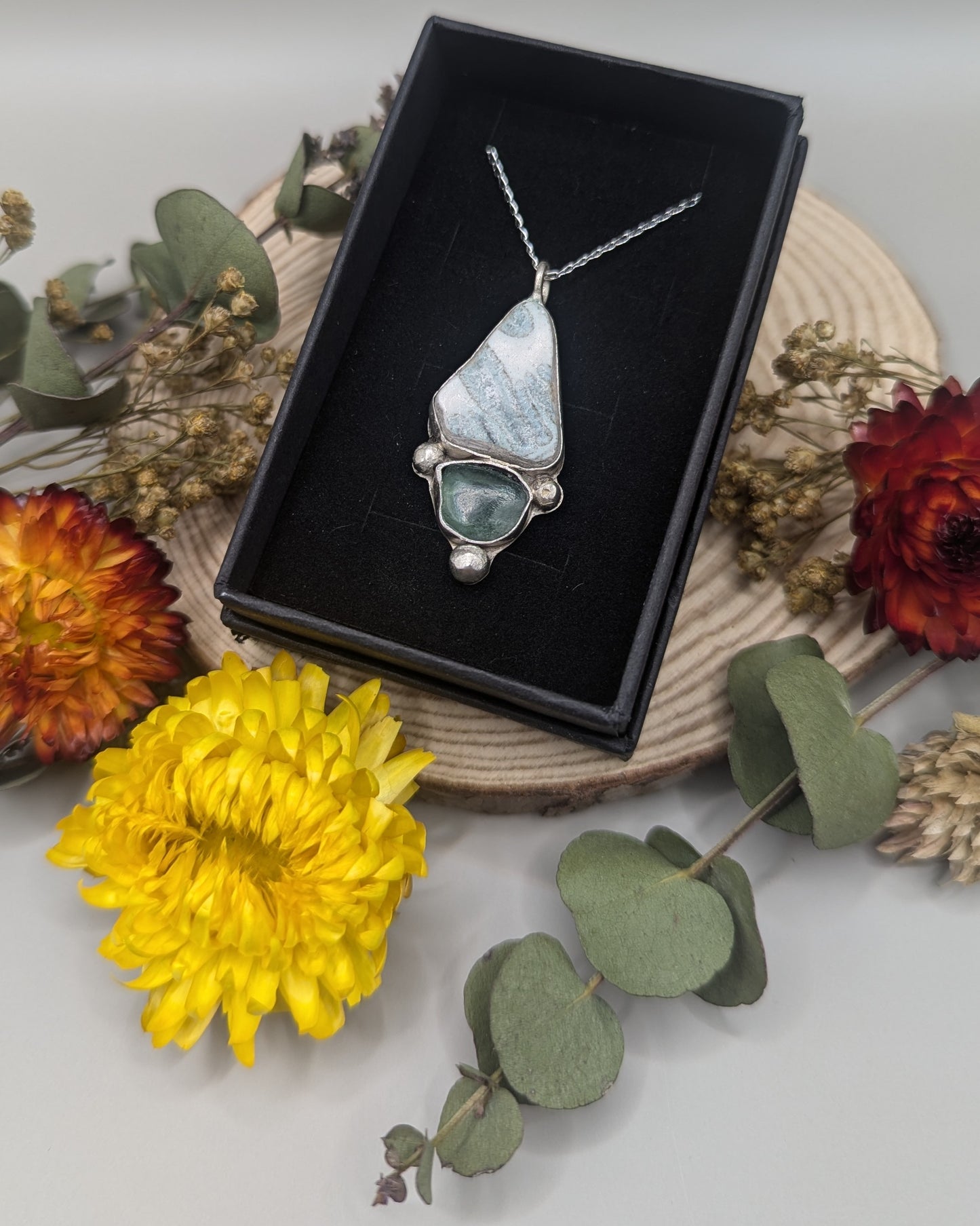 Sea Pottery and Sea Glass Silver Necklace