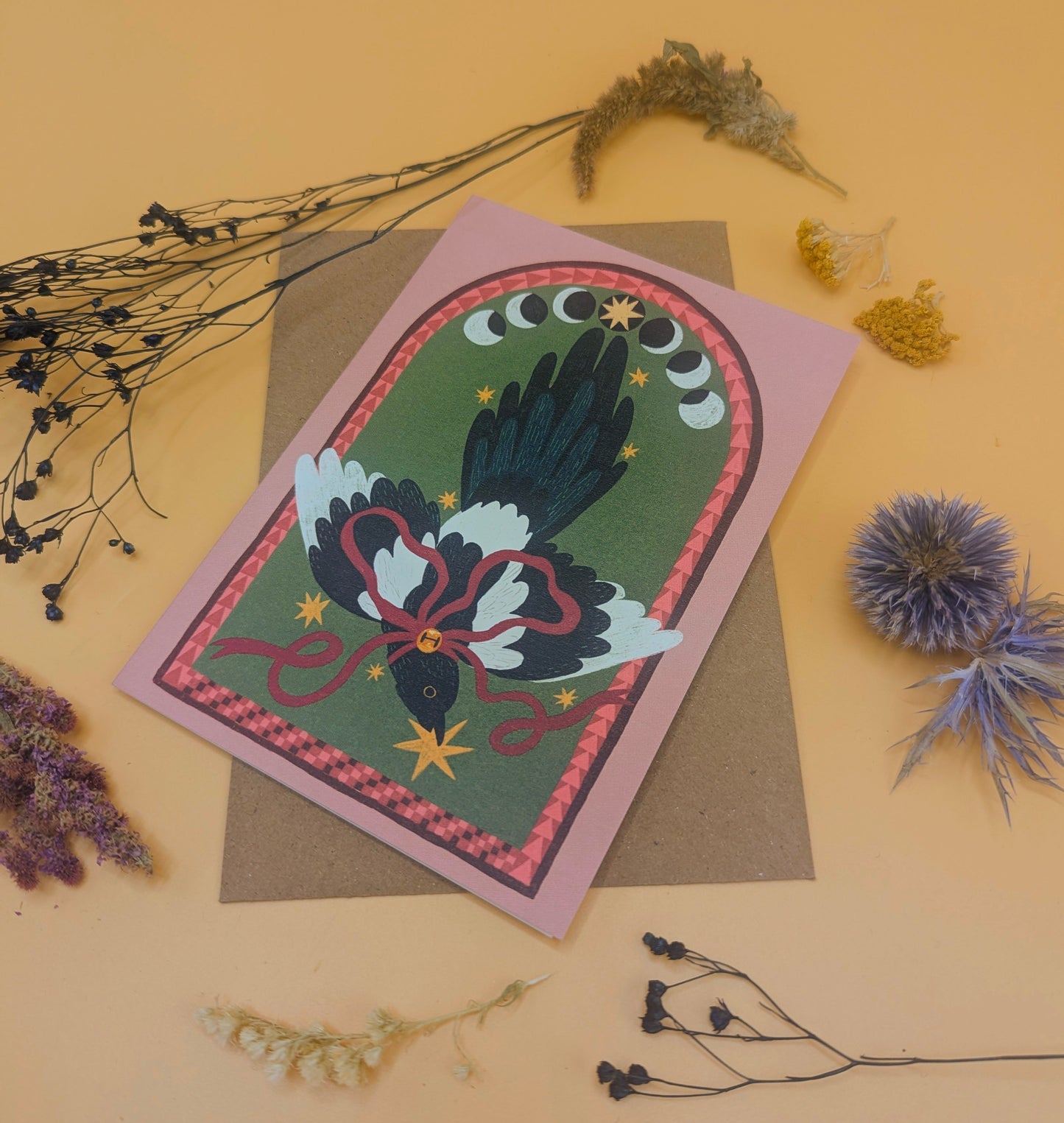 Moon Phase Magpie greetings card