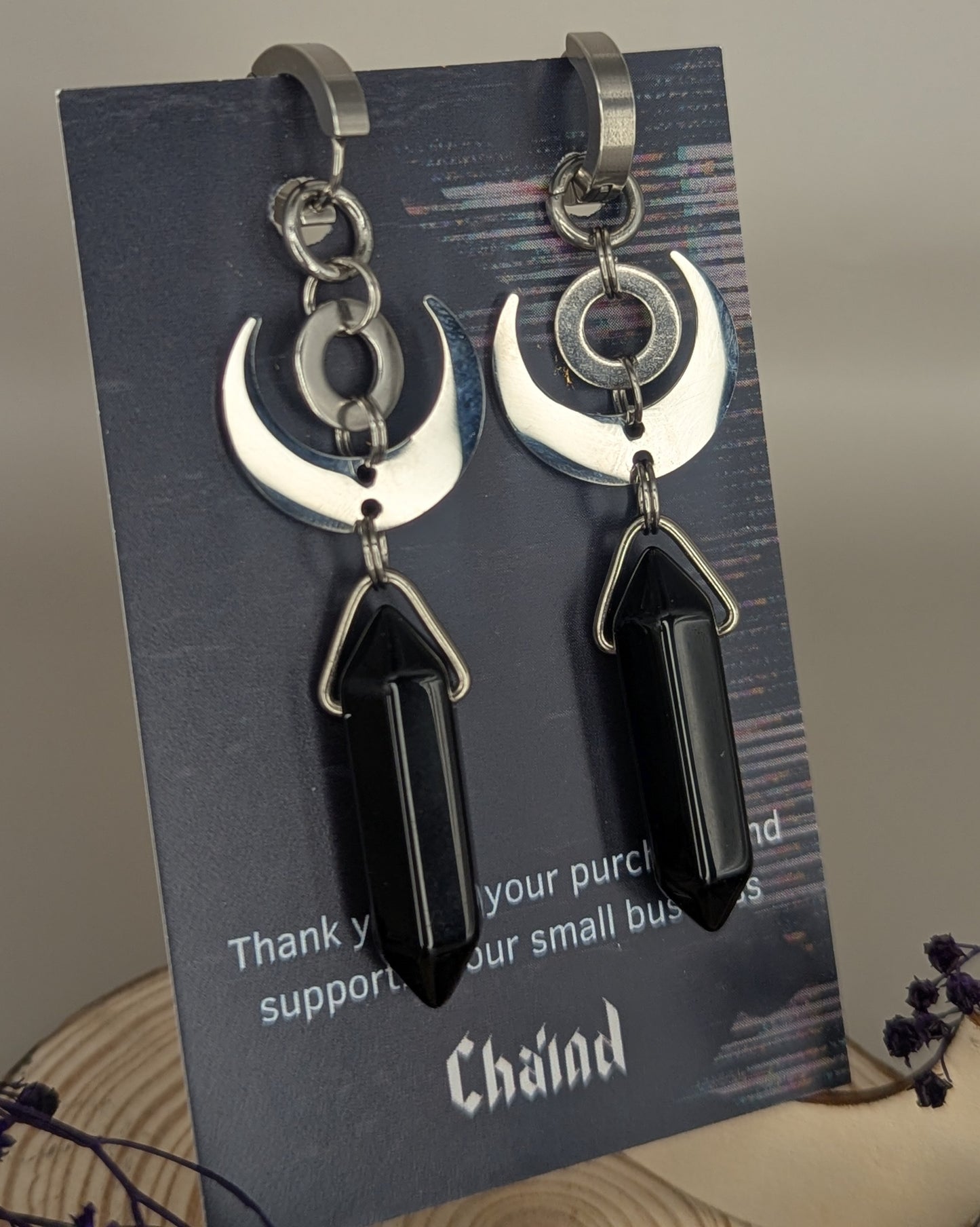 'SEASON OF THE WITCH' Obsidian and Moon Dangle Earrings