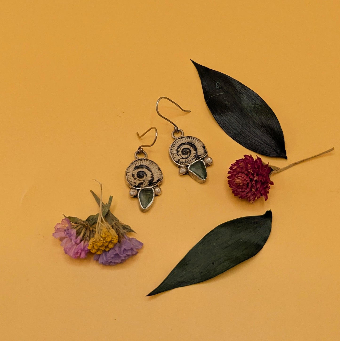 Ammonite and Glass Earrings