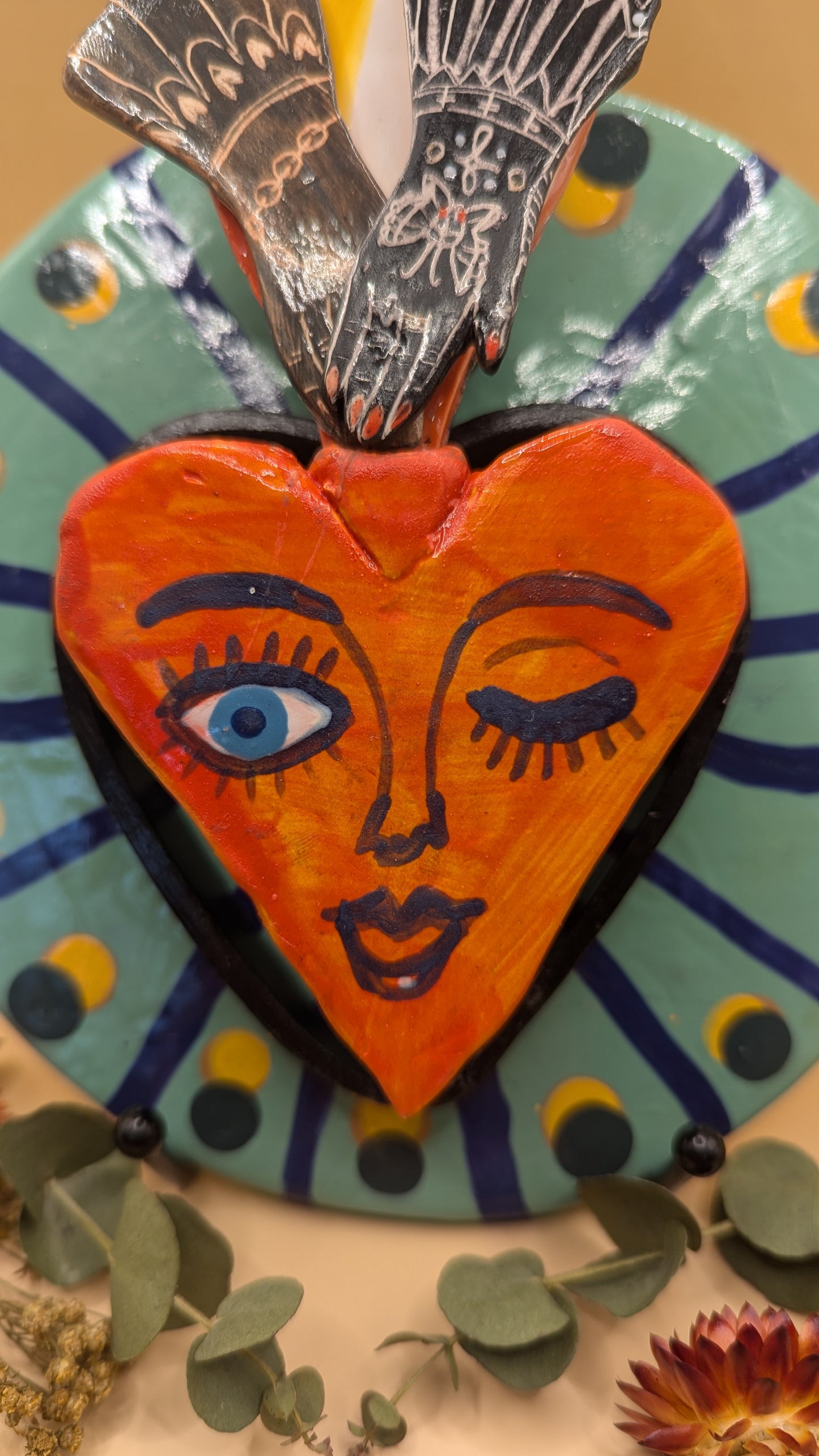 Ceramic 'Blue Hearts Face' Wall Piece by Ciara Veronica Dunne