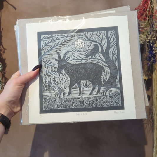 "Goat and Moon" Lino Print by Flora Dewar