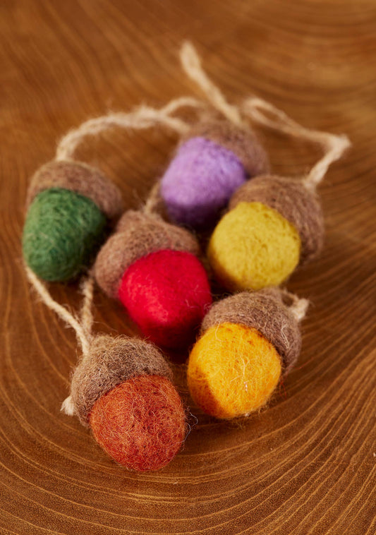 Set of 6 Felt Rainbow Acorn Decorations