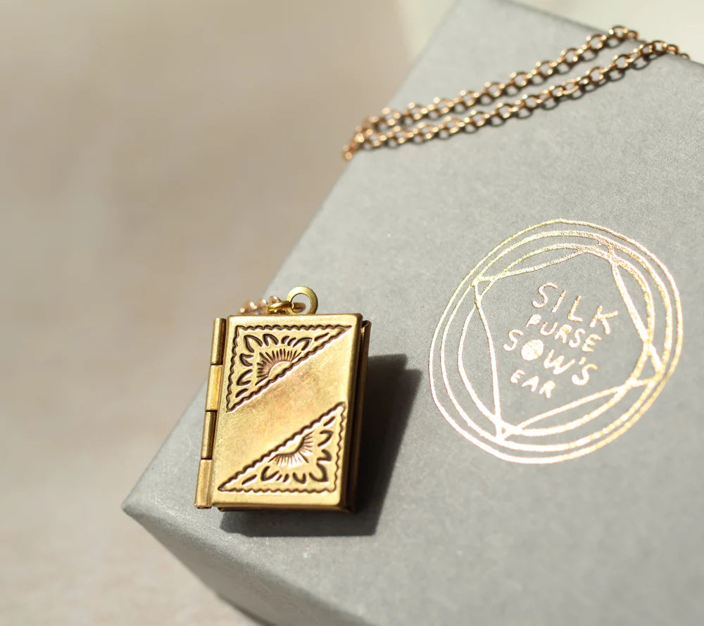 Gold Banner Book Locket necklace by Silk Purse, Sows Ear