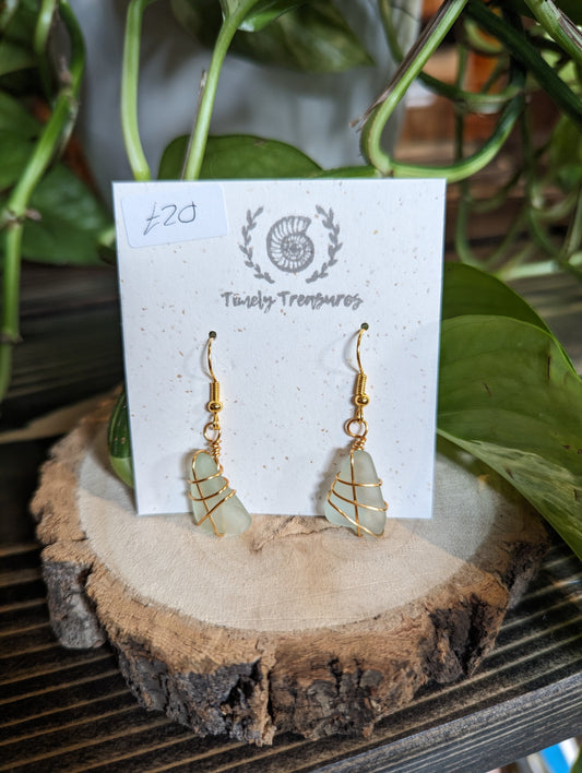 Gold Wire-Wrapped Sea Glass Drop Earrings by Timely Treasures