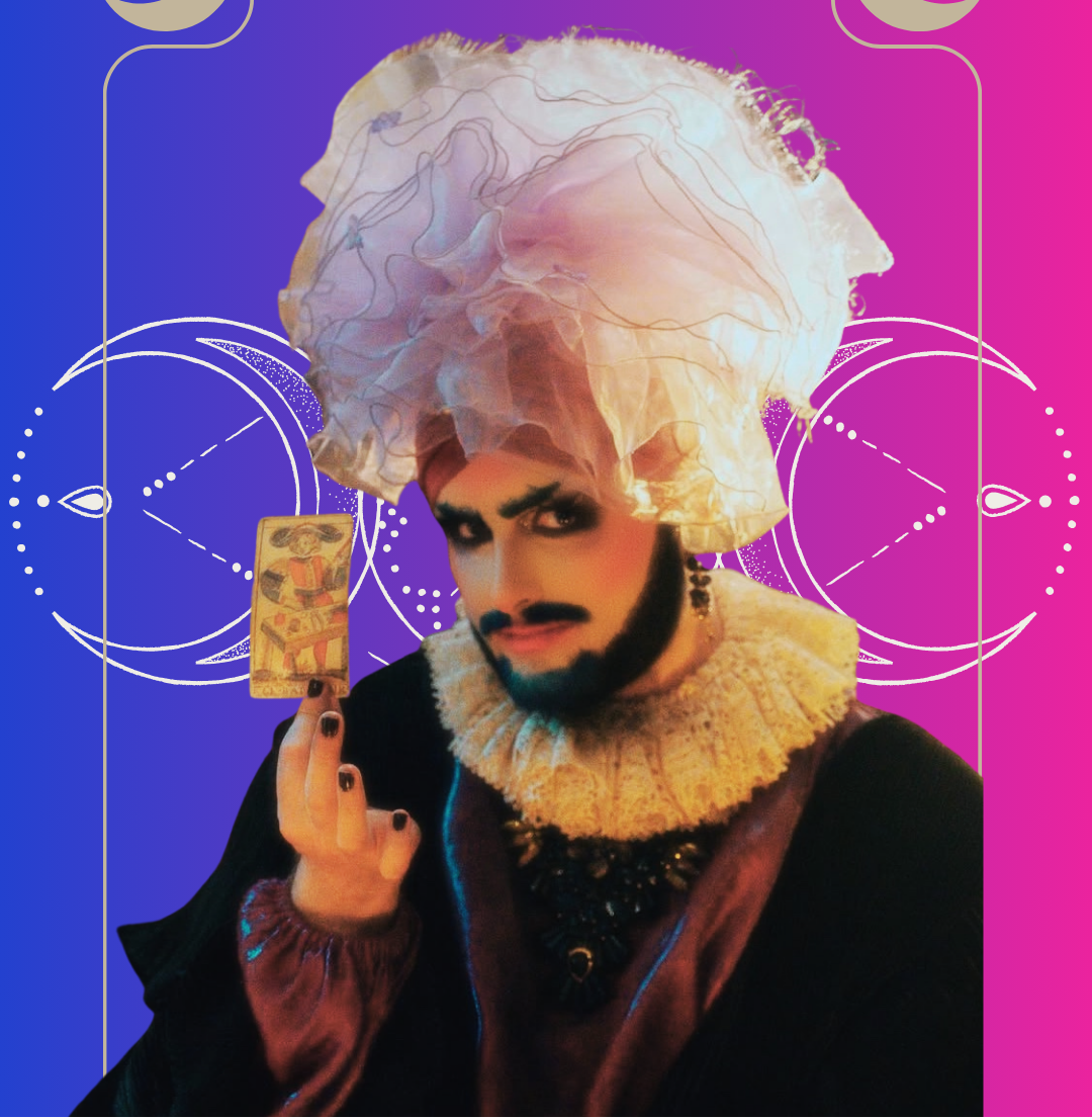 Person in elaborate costume holding a card against a colorful, astrological-themed background