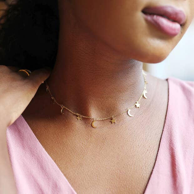 Gold Stainless Steel Star and Moon Charm Necklace