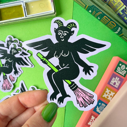 Devil Flying on a Broomstick Sticker