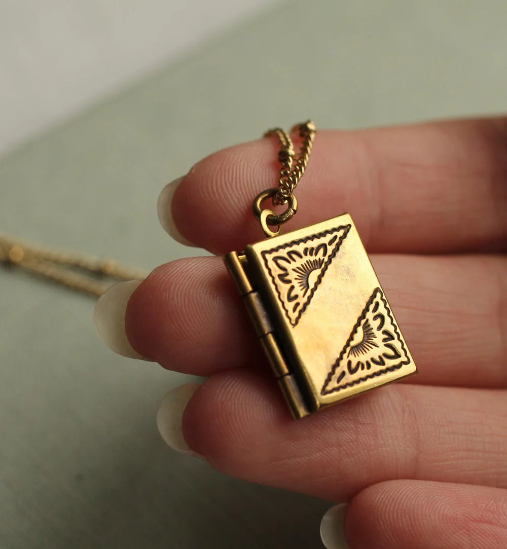 Gold Banner Book Locket necklace by Silk Purse, Sows Ear