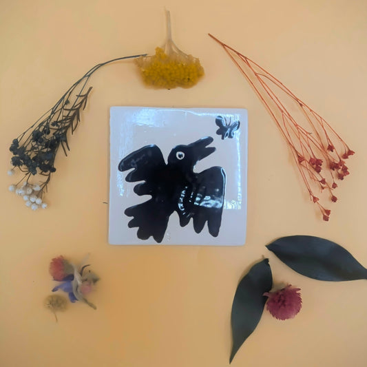 'Crow' Black and White Tile by Ciara Veronica Dunne