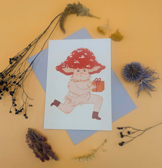Mushroom Sends a Gift | Everyday greetings card | Mushroom, gift giving
