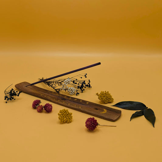 Wooden Incense Holder with Brass Inlays - Stars & Moon