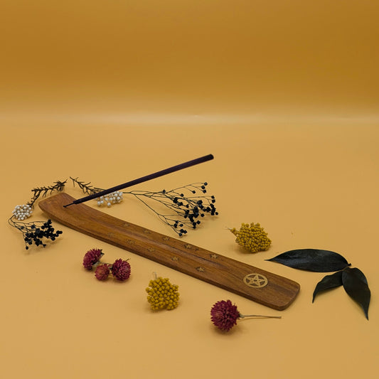 Wooden Incense Holder with Brass Inlays - Stars & Pentacle