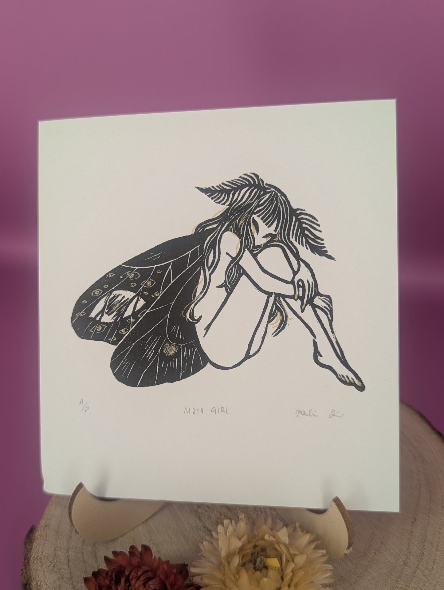 “Moth Girl” Lino Print by Kalin Lin