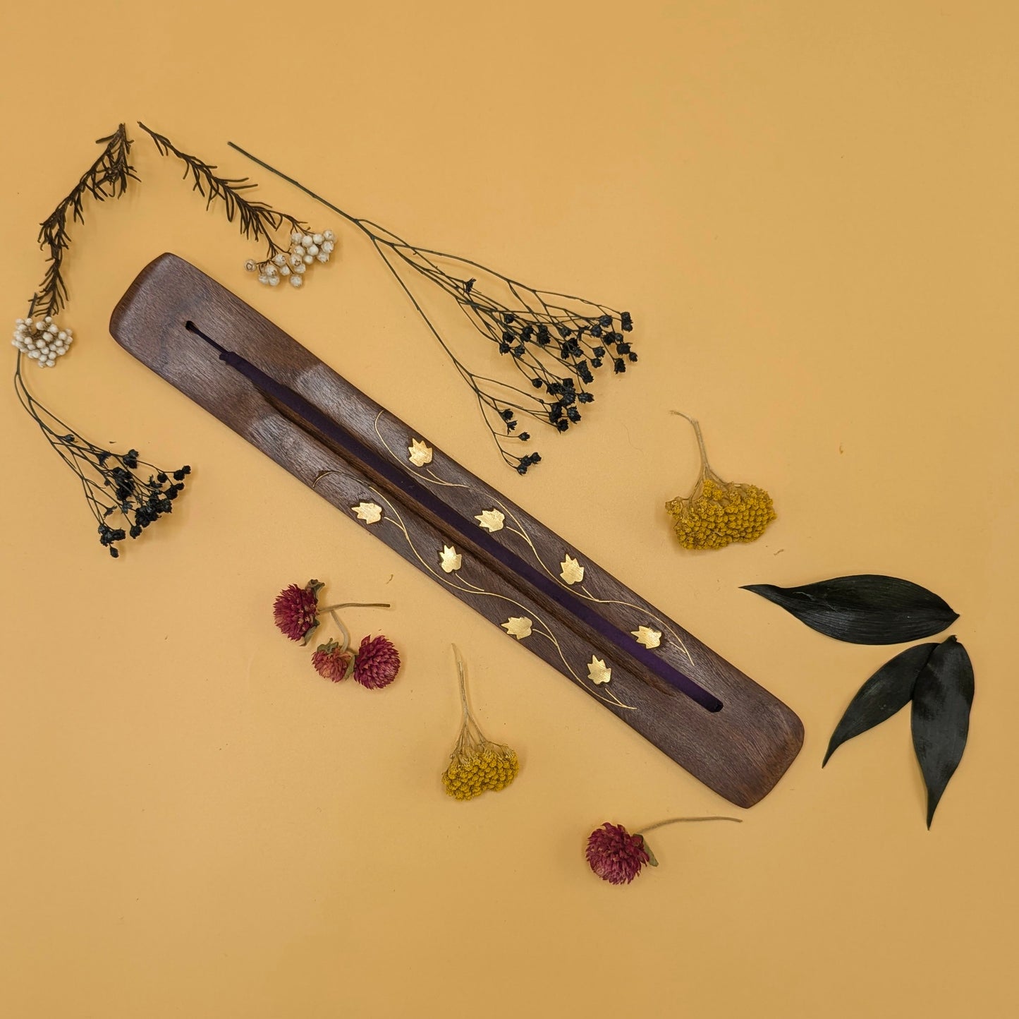 Wooden Incense Holder with Brass Inlays - Floral