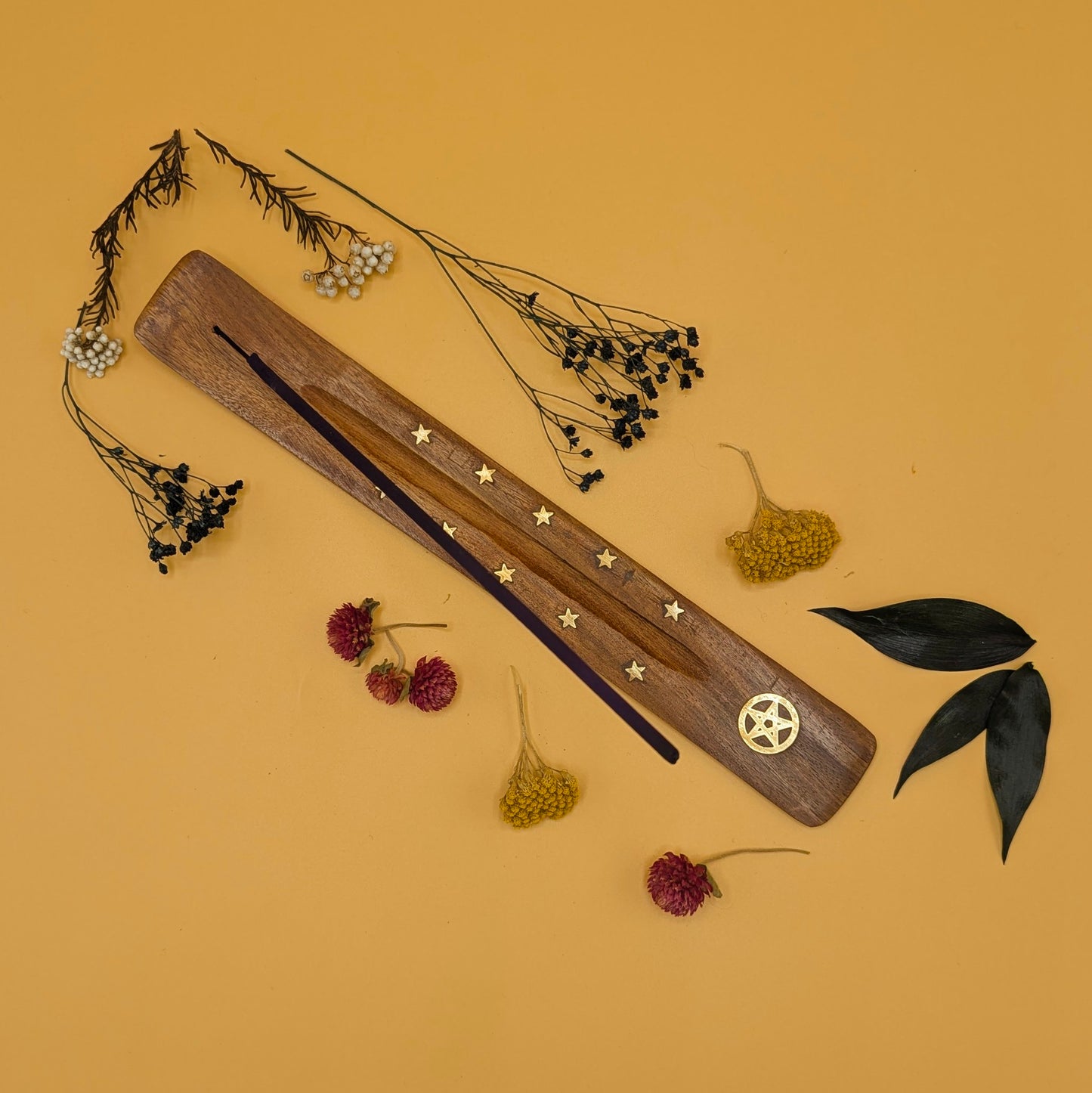 Wooden Incense Holder with Brass Inlays - Stars & Pentacle
