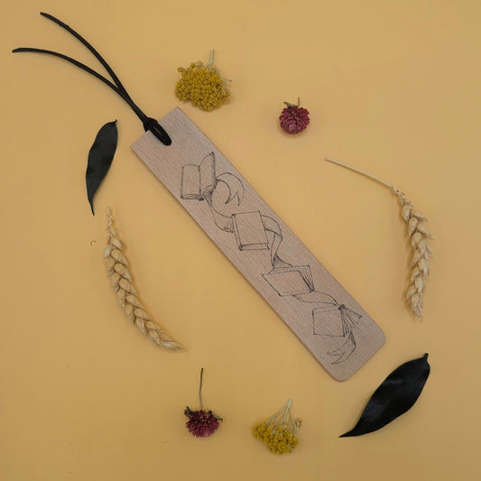 'Books & Ribbons' Pyrography Bookmark by Northern Magpie Art