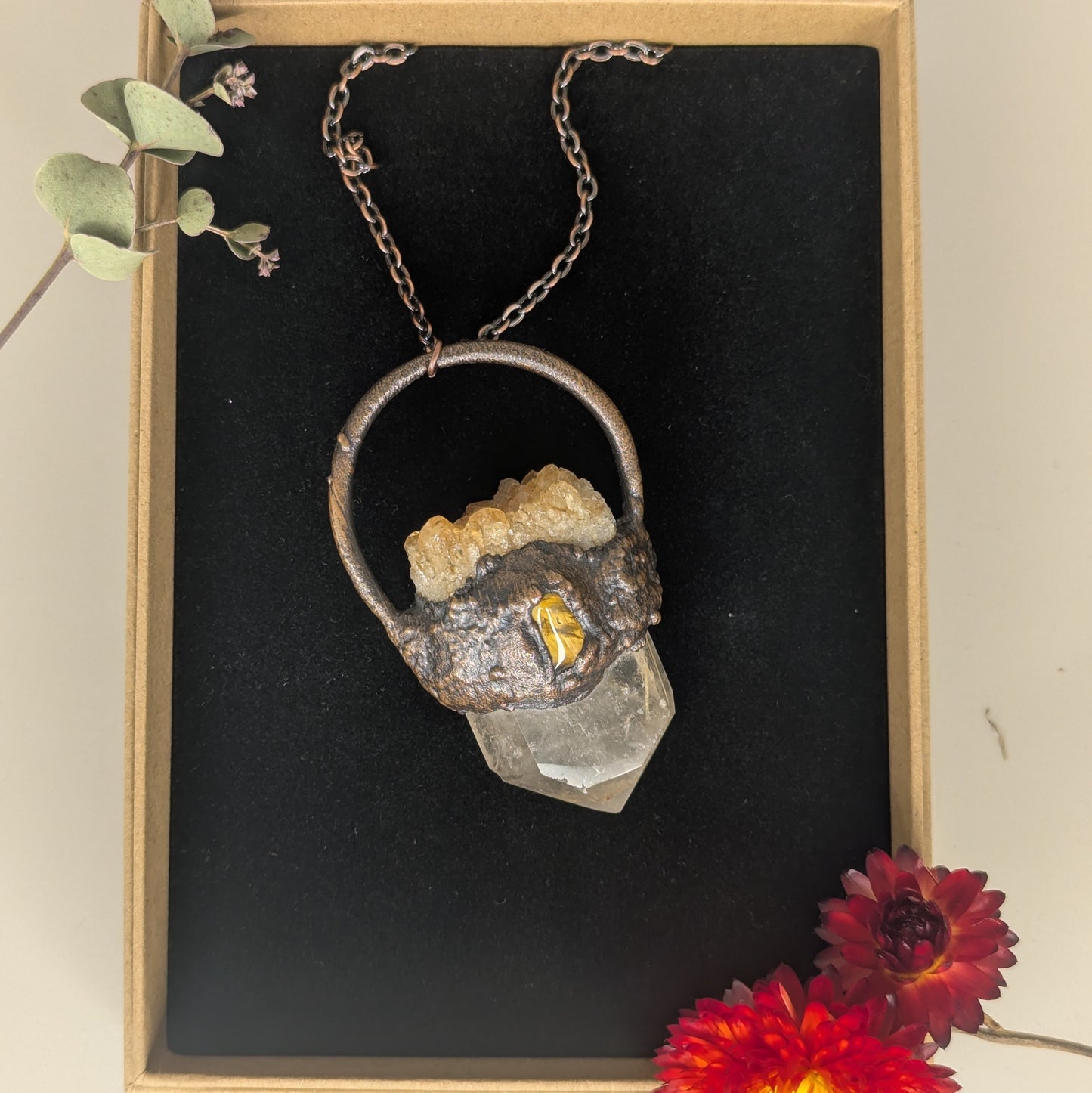 "Melina" Quarts, Citrine, and Tiger's Eye Pendant