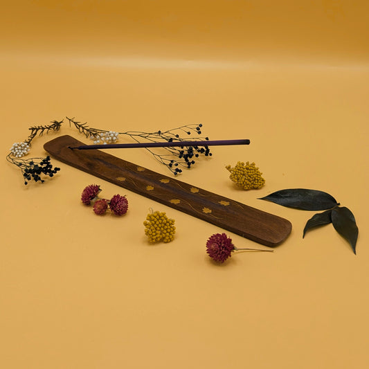 Wooden Incense Holder with Brass Inlays - Floral