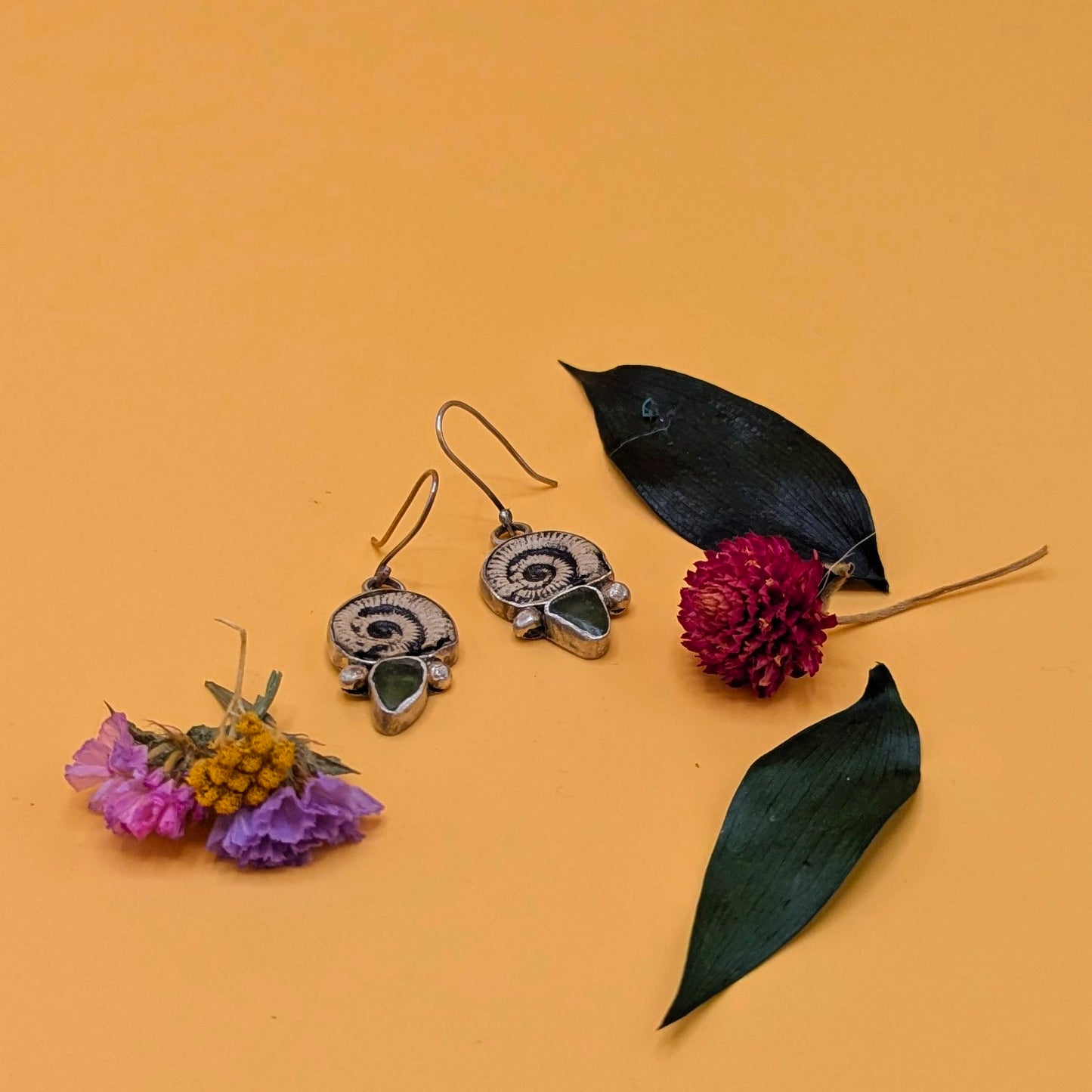 Ammonite and Glass Earrings