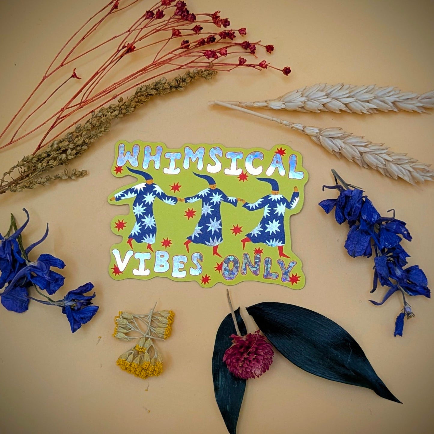 Whimsical Vibes Only Glitter Sticker  by Little Black Cat